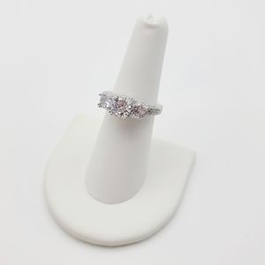 14k White Gold Plated Tri Stone Simulated Diamond Enagement Ring